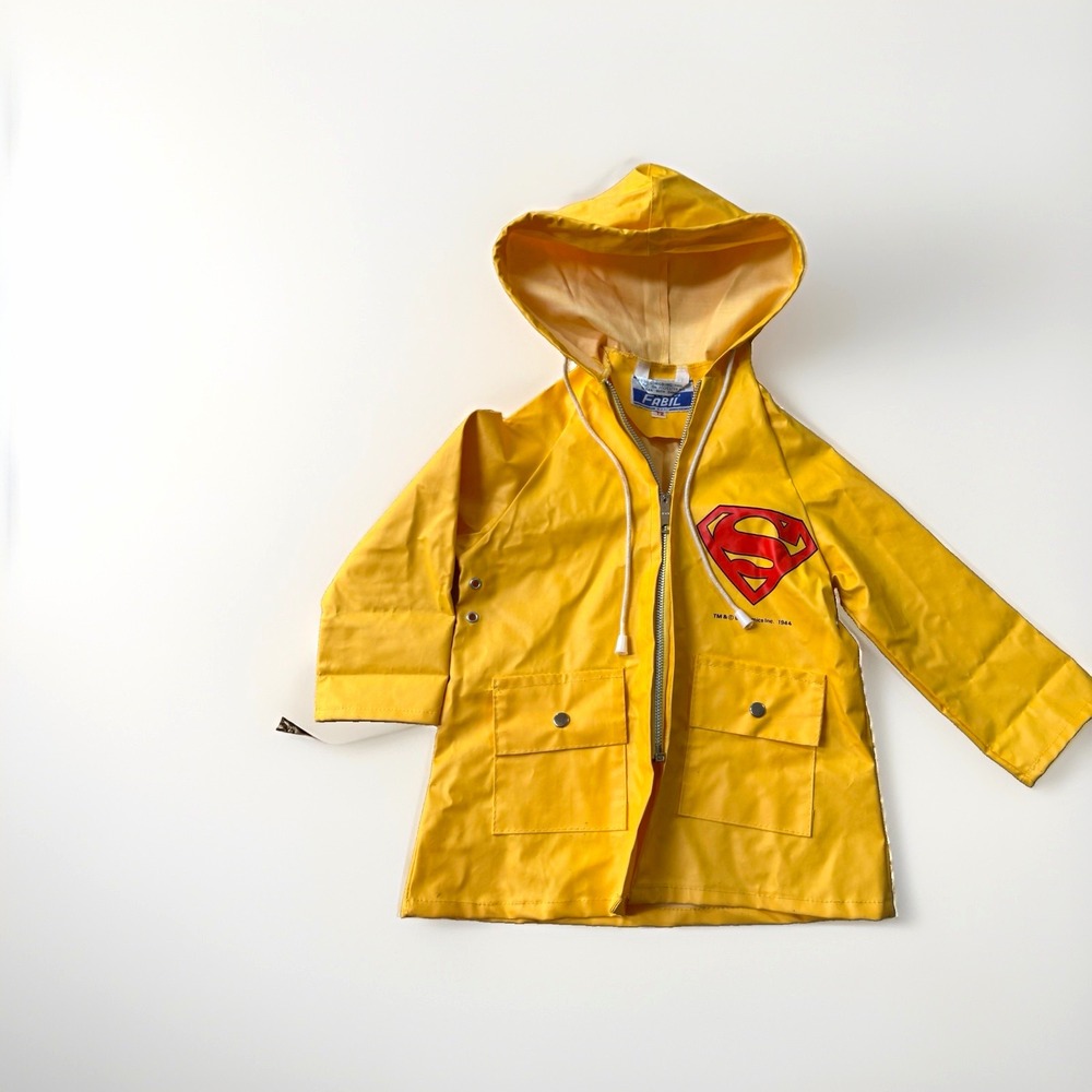 Vintage Fabil DC Comics Superman Graphic Hooded Zip Rain Coat Yellow Youth 2T